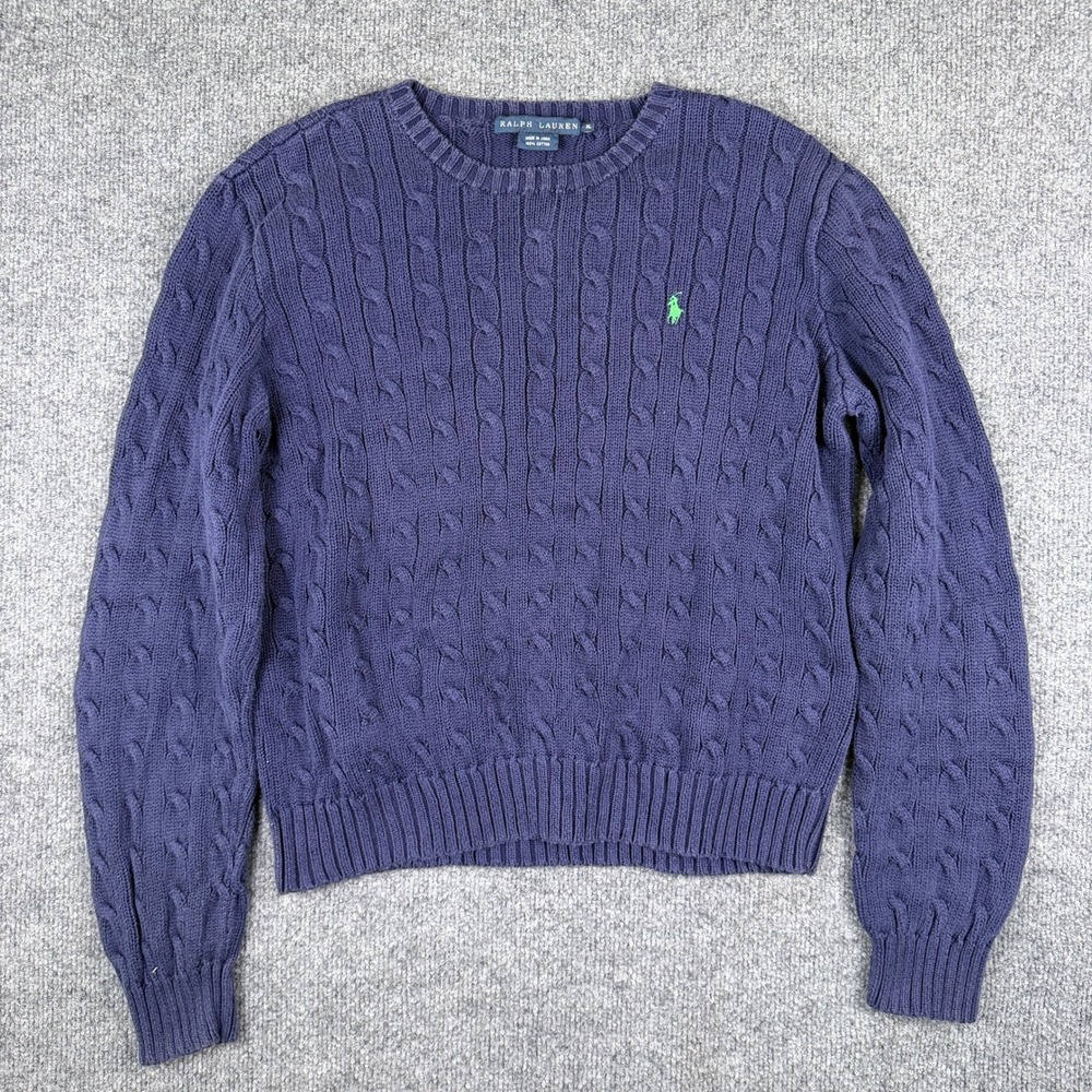Polo Ralph Lauren Sweater Womens XL Blue Cable Knit Fisherman Cotton Cropped
